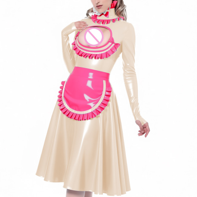 Exotic Hollow Lolita Maid Uniforms Ruffles High Neck Cosplay French Maid Apron Midi Dress Glossy PVC Leather Roleplay Costume