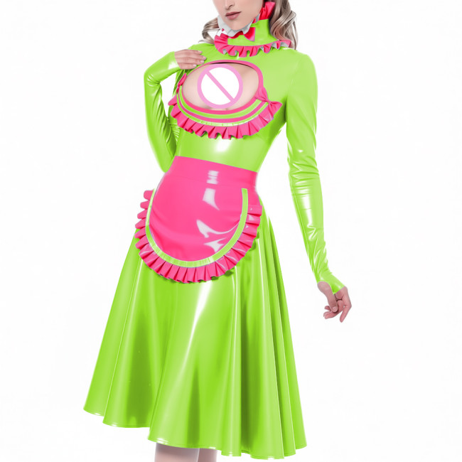 Exotic Hollow Lolita Maid Uniforms Ruffles High Neck Cosplay French Maid Apron Midi Dress Glossy PVC Leather Roleplay Costume