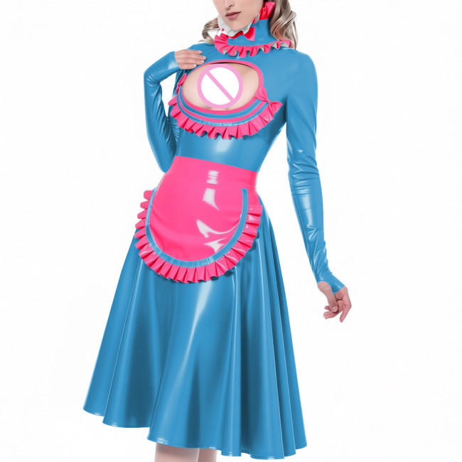 Exotic Hollow Lolita Maid Uniforms Ruffles High Neck Cosplay French Maid Apron Midi Dress Glossy PVC Leather Roleplay Costume