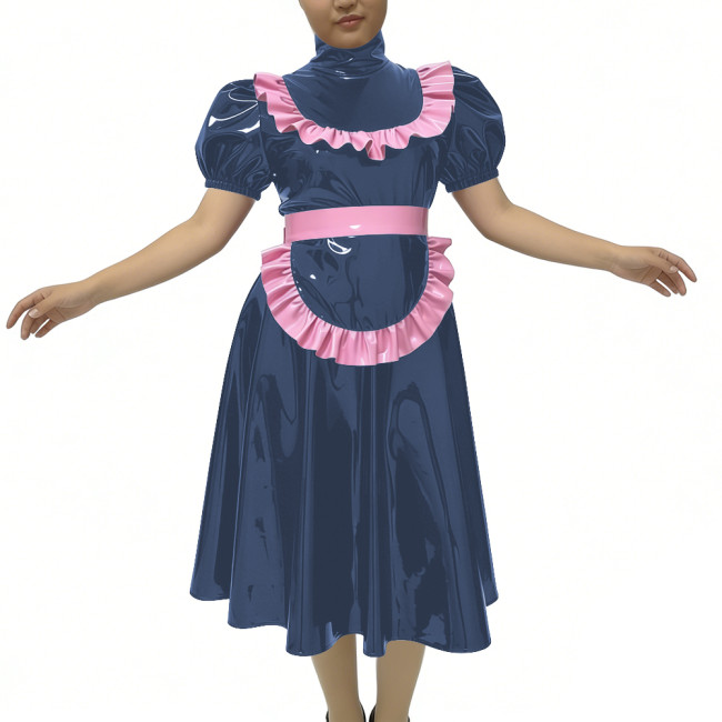 PVC Shiny Maid Midi Pleated Dress Unisex Club Cosplay Maid Outfit Plus Size Lolita Maid Apron Dress Sissy Raves Party Uniforms