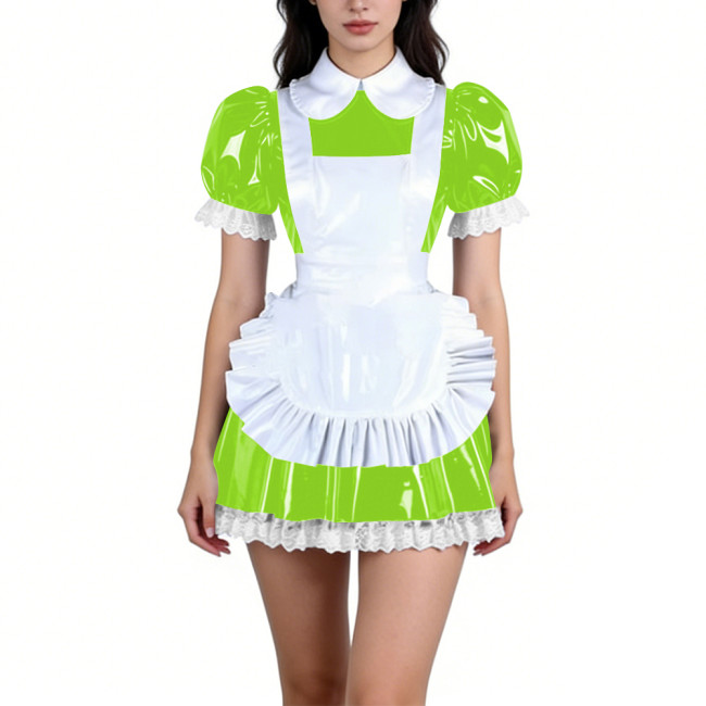 Fetish Sweet Maid Dress Outfits Party Anime Cosplay Puff Sleeve Mini Dress with Apron Sissy Lace Trims Roleplay Maid Uniforms