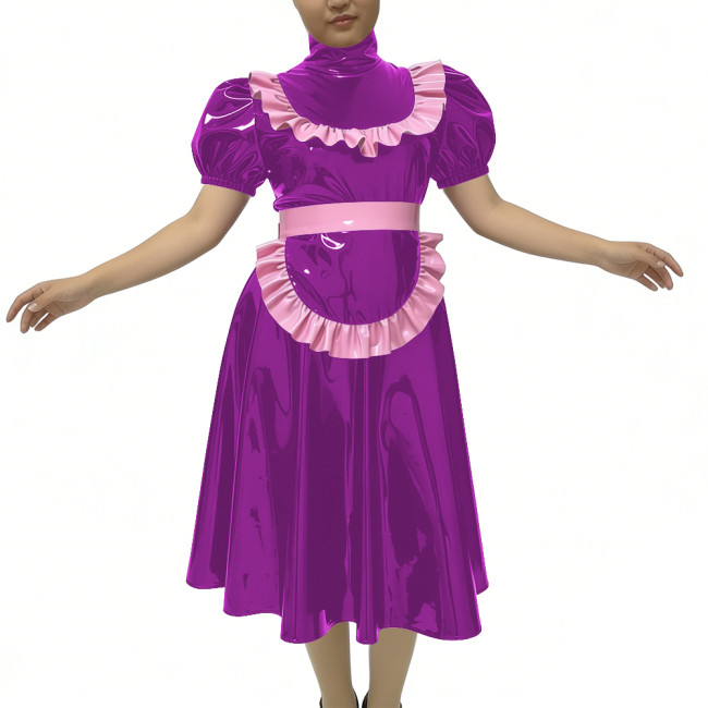 PVC Shiny Maid Midi Pleated Dress Unisex Club Cosplay Maid Outfit Plus Size Lolita Maid Apron Dress Sissy Raves Party Uniforms