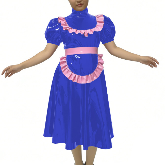 PVC Shiny Maid Midi Pleated Dress Unisex Club Cosplay Maid Outfit Plus Size Lolita Maid Apron Dress Sissy Raves Party Uniforms