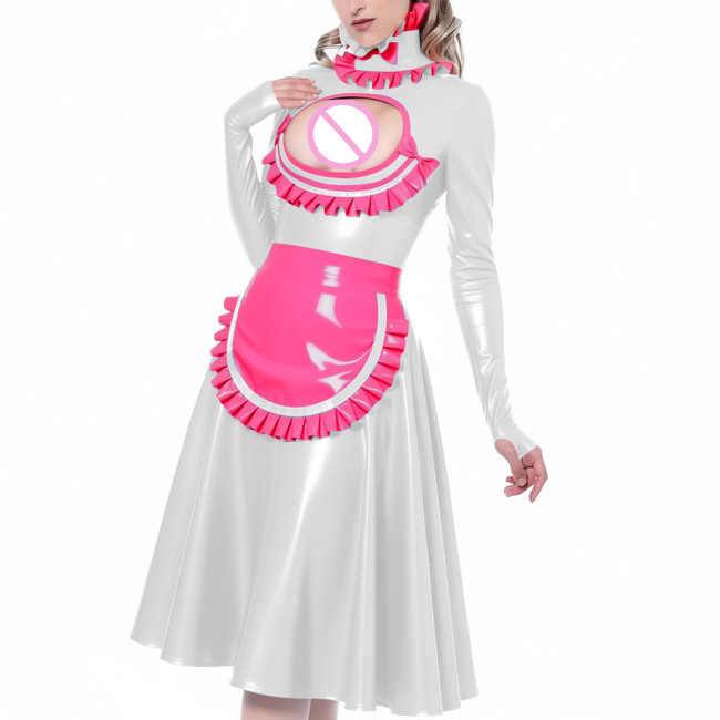 Exotic Hollow Lolita Maid Uniforms Ruffles High Neck Cosplay French Maid Apron Midi Dress Glossy PVC Leather Roleplay Costume