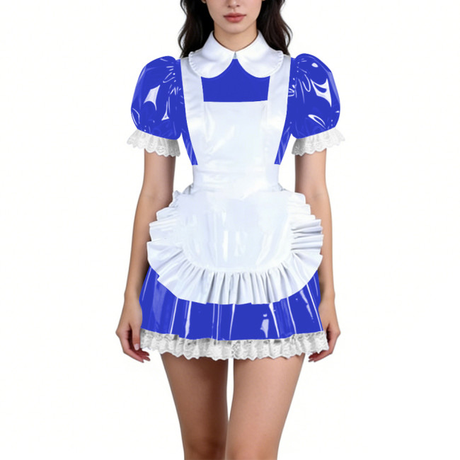 Fetish Sweet Maid Dress Outfits Party Anime Cosplay Puff Sleeve Mini Dress with Apron Sissy Lace Trims Roleplay Maid Uniforms