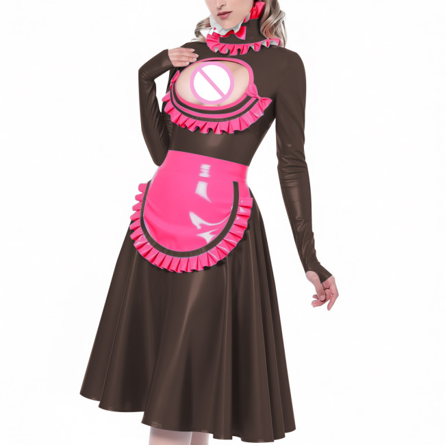 Exotic Hollow Lolita Maid Uniforms Ruffles High Neck Cosplay French Maid Apron Midi Dress Glossy PVC Leather Roleplay Costume
