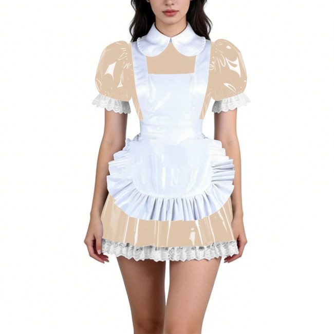 Fetish Sweet Maid Dress Outfits Party Anime Cosplay Puff Sleeve Mini Dress with Apron Sissy Lace Trims Roleplay Maid Uniforms