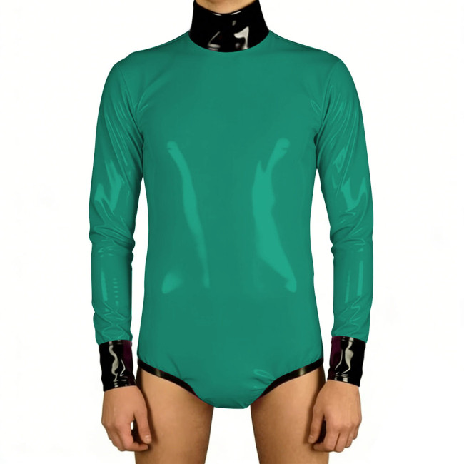Rave Party Jumpsuit for Men Wetlook PVC Leather Rompers Clubwear Long Sleeve Patchwork One Piece Bodysuit Sissy Cosplay Zentai