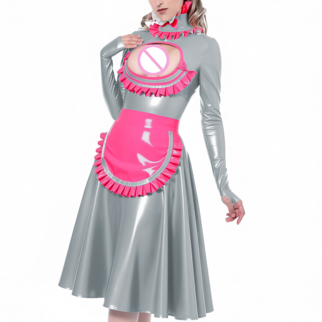 Exotic Hollow Lolita Maid Uniforms Ruffles High Neck Cosplay French Maid Apron Midi Dress Glossy PVC Leather Roleplay Costume