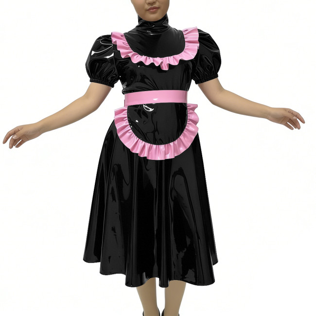 PVC Shiny Maid Midi Pleated Dress Unisex Club Cosplay Maid Outfit Plus Size Lolita Maid Apron Dress Sissy Raves Party Uniforms