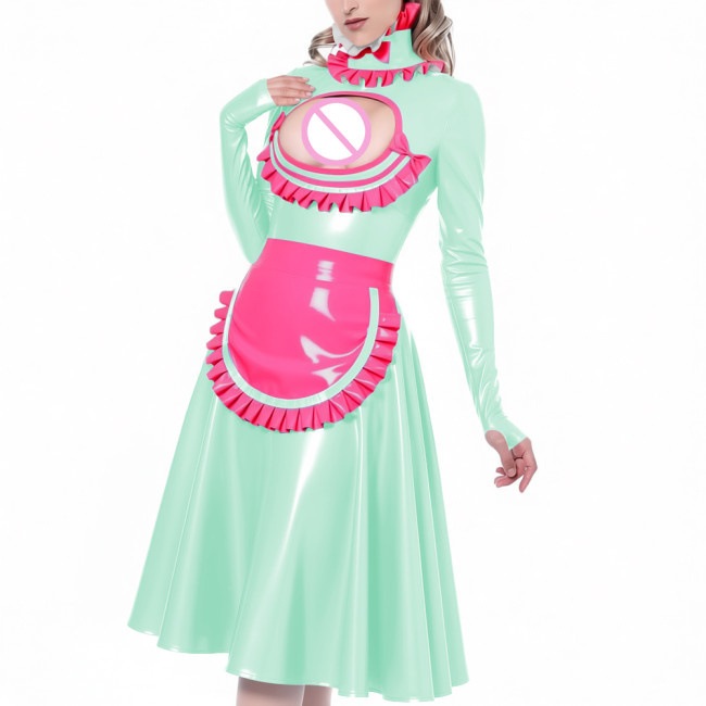 Exotic Hollow Lolita Maid Uniforms Ruffles High Neck Cosplay French Maid Apron Midi Dress Glossy PVC Leather Roleplay Costume