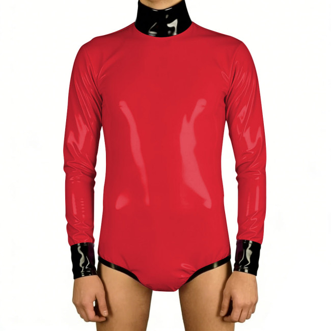 Rave Party Jumpsuit for Men Wetlook PVC Leather Rompers Clubwear Long Sleeve Patchwork One Piece Bodysuit Sissy Cosplay Zentai