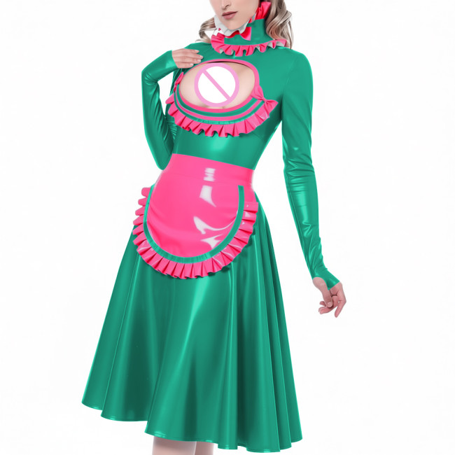 Exotic Hollow Lolita Maid Uniforms Ruffles High Neck Cosplay French Maid Apron Midi Dress Glossy PVC Leather Roleplay Costume