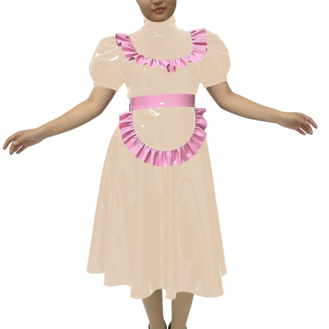 PVC Shiny Maid Midi Pleated Dress Unisex Club Cosplay Maid Outfit Plus Size Lolita Maid Apron Dress Sissy Raves Party Uniforms
