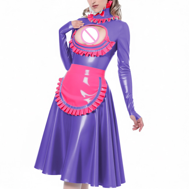 Exotic Hollow Lolita Maid Uniforms Ruffles High Neck Cosplay French Maid Apron Midi Dress Glossy PVC Leather Roleplay Costume