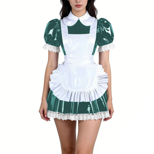 Fetish Sweet Maid Dress Outfits Party Anime Cosplay Puff Sleeve Mini Dress with Apron Sissy Lace Trims Roleplay Maid Uniforms