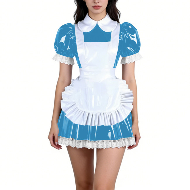 Fetish Sweet Maid Dress Outfits Party Anime Cosplay Puff Sleeve Mini Dress with Apron Sissy Lace Trims Roleplay Maid Uniforms