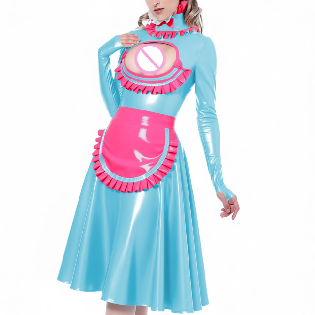Exotic Hollow Lolita Maid Uniforms Ruffles High Neck Cosplay French Maid Apron Midi Dress Glossy PVC Leather Roleplay Costume