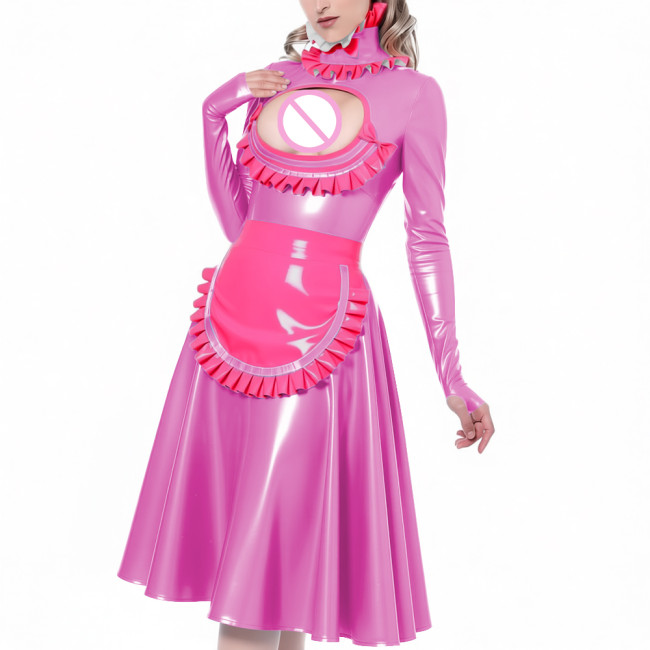 Exotic Hollow Lolita Maid Uniforms Ruffles High Neck Cosplay French Maid Apron Midi Dress Glossy PVC Leather Roleplay Costume