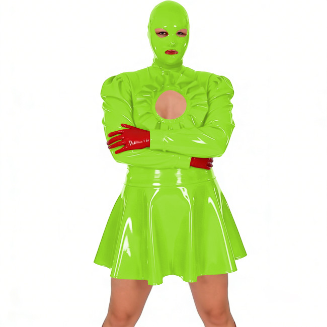 Shiny Latex-look Mini Pleated Dress Exotic Unisex Adult Full Head Cover Long Sleeve Short PVC Dresses Cutout Nightclub Vestidos