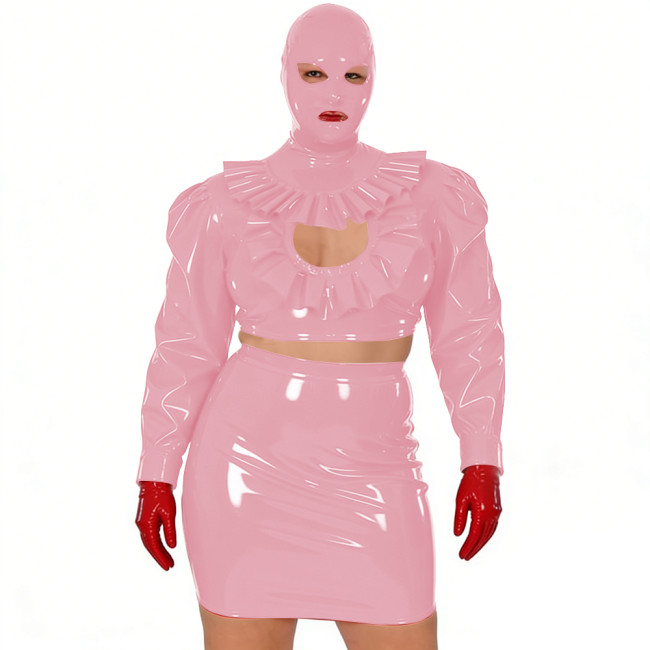 Wet Look Novelty Hollow Crop Top Bodycon Mini Skirt with Mask 3-Piece Set Sexy PVC Clubwear Halloween Party Cosplay Outfits 7XL