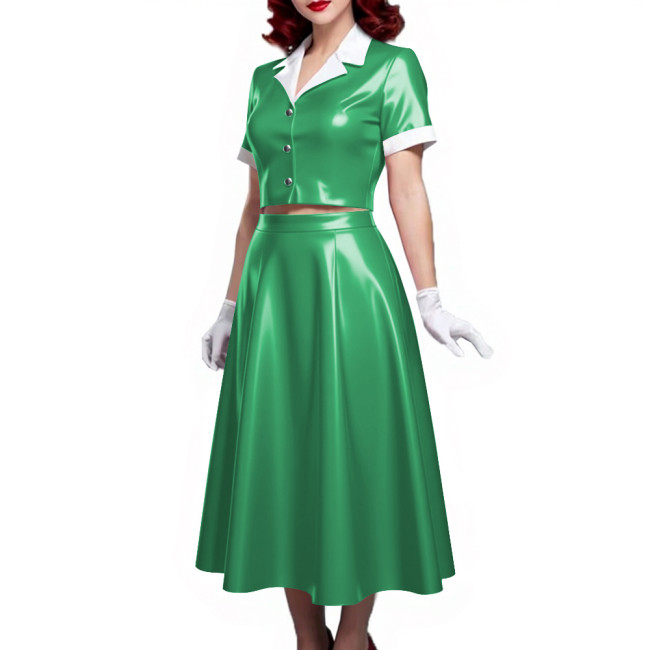 PVC Vinyl Leather Midi Dress Sets for Women 2 Piece Suit Wetlook Ladies Elegant Outfit Plus Size Button Top Pleated A-line Skirt