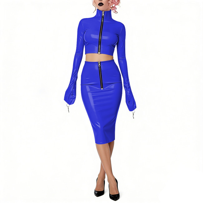 Shiny Vinyl PVC Dress Outfits Full Sleeves Stand Collar Crop Top with High Waist Bodycon Midi Skirt Club Bondage 2-Piece Set