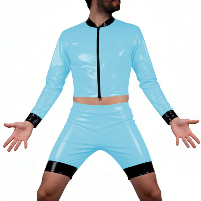 Mens Glossy PVC Leather Shorts Suit Vinyl Long Sleeve Crop Top High Waist Hot Pant Wetlook T-Shirts Sets Disco Party Club Wear