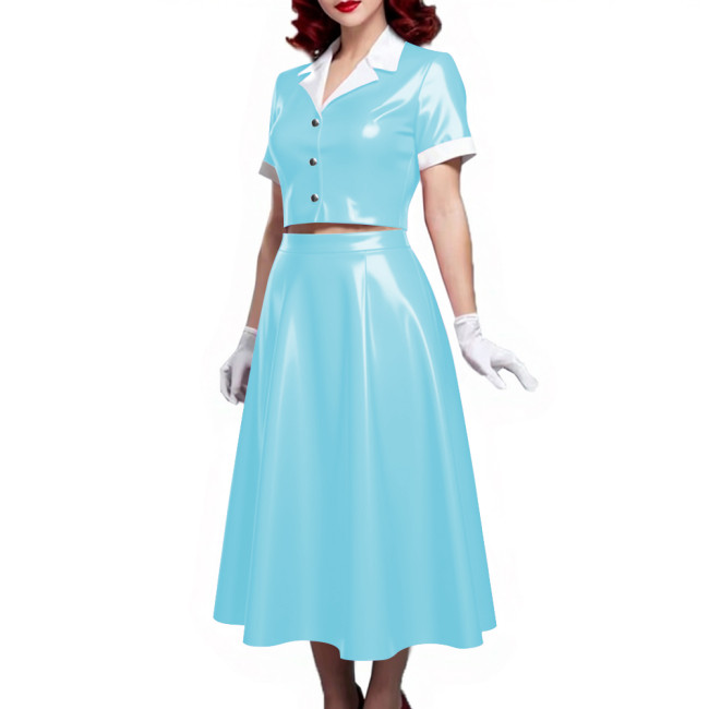 PVC Vinyl Leather Midi Dress Sets for Women 2 Piece Suit Wetlook Ladies Elegant Outfit Plus Size Button Top Pleated A-line Skirt