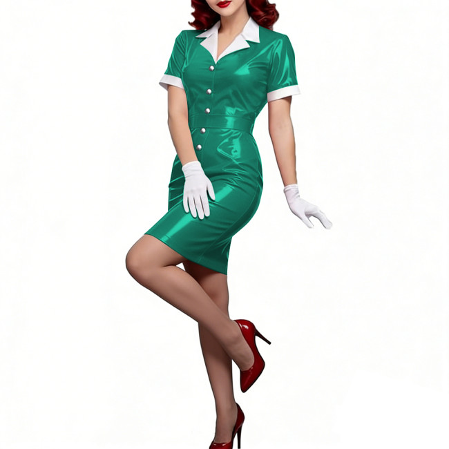 Ladies PVC Mini Bodycon Dress Wet-look Short Sleeves Turn-Down Collar Sexy Tight Dress Single-breasted Club Party Womens Dresses