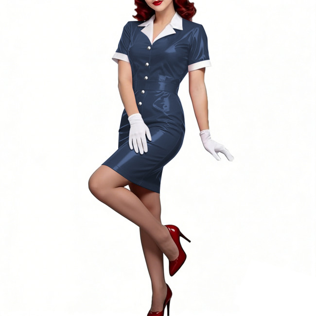 Ladies PVC Mini Bodycon Dress Wet-look Short Sleeves Turn-Down Collar Sexy Tight Dress Single-breasted Club Party Womens Dresses