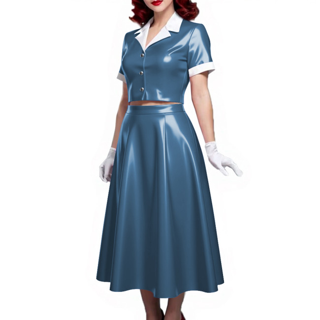 PVC Vinyl Leather Midi Dress Sets for Women 2 Piece Suit Wetlook Ladies Elegant Outfit Plus Size Button Top Pleated A-line Skirt