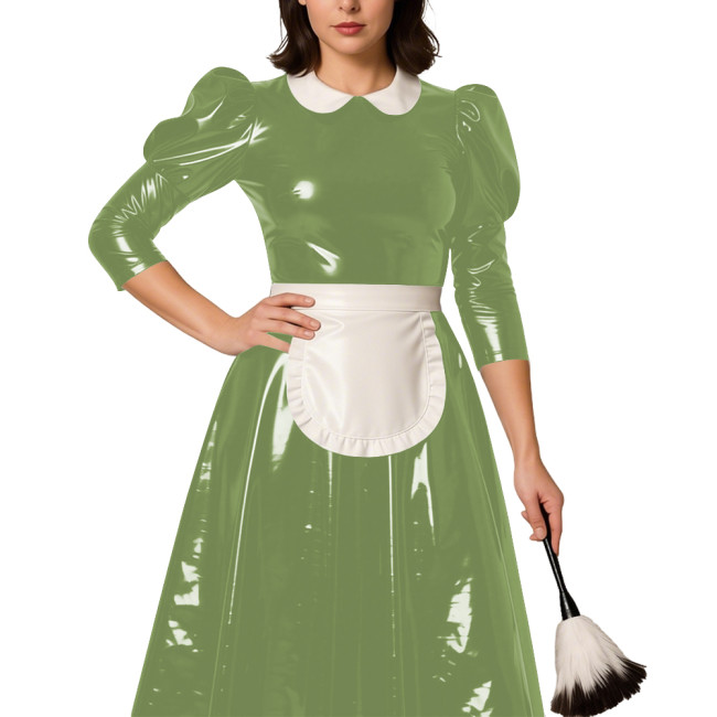 Classic Lolita Long Maid Dress with Puff Sleeve Revelry Party French Maid Cosplay Dress Outfits PVC Shiny Leather Maid Uniforms