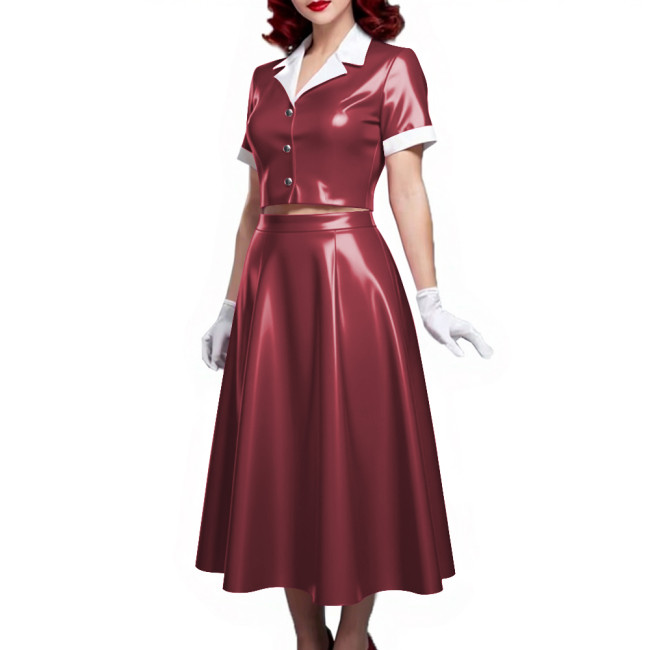 PVC Vinyl Leather Midi Dress Sets for Women 2 Piece Suit Wetlook Ladies Elegant Outfit Plus Size Button Top Pleated A-line Skirt
