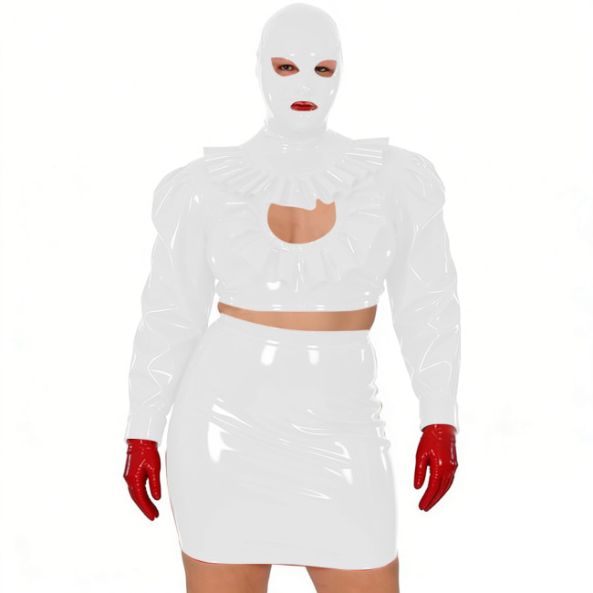 Wet Look Novelty Hollow Crop Top Bodycon Mini Skirt with Mask 3-Piece Set Sexy PVC Clubwear Halloween Party Cosplay Outfits 7XL