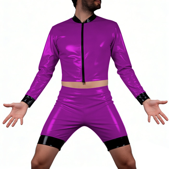 Mens Glossy PVC Leather Shorts Suit Vinyl Long Sleeve Crop Top High Waist Hot Pant Wetlook T-Shirts Sets Disco Party Club Wear