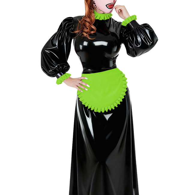 Lolita French Apron Maid Long Dresses Sissy Cross-dresser Waitress Maid Party Cosplay Costume Vinyl PVC Leather Maid Uniforms