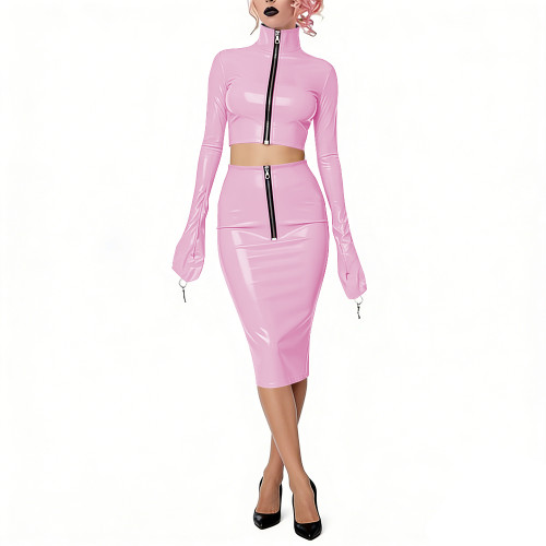 Shiny Vinyl PVC Dress Outfits Full Sleeves Stand Collar Crop Top with High Waist Bodycon Midi Skirt Club Bondage 2-Piece Set