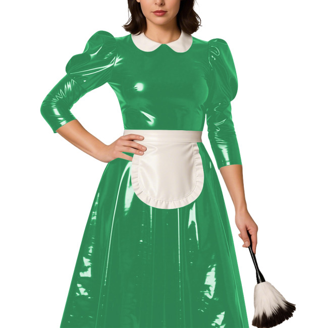 Classic Lolita Long Maid Dress with Puff Sleeve Revelry Party French Maid Cosplay Dress Outfits PVC Shiny Leather Maid Uniforms