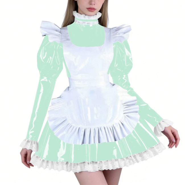 Sissy PVC Maid Lolita High Neck Mini Dress with Puff Sleeve Fetish Lockable Cosplay Pleated A-line Dress Party French Outfits