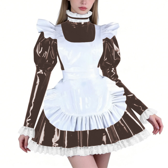 Sissy PVC Maid Lolita High Neck Mini Dress with Puff Sleeve Fetish Lockable Cosplay Pleated A-line Dress Party French Outfits