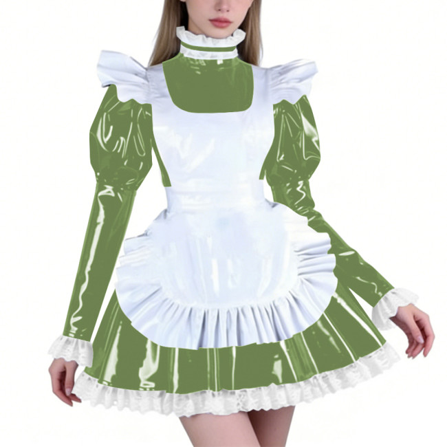 Sissy PVC Maid Lolita High Neck Mini Dress with Puff Sleeve Fetish Lockable Cosplay Pleated A-line Dress Party French Outfits