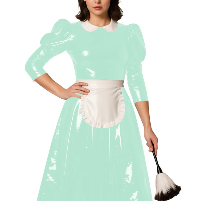 Classic Lolita Long Maid Dress with Puff Sleeve Revelry Party French Maid Cosplay Dress Outfits PVC Shiny Leather Maid Uniforms