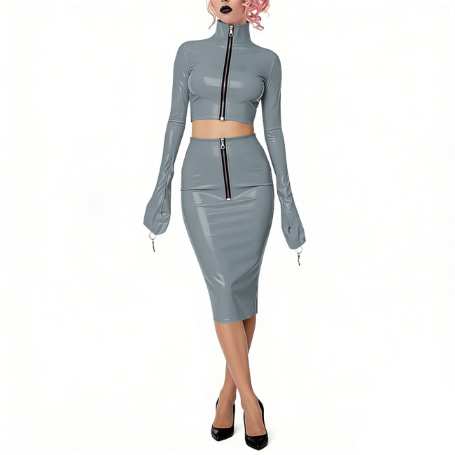 Shiny Vinyl PVC Dress Outfits Full Sleeves Stand Collar Crop Top with High Waist Bodycon Midi Skirt Club Bondage 2-Piece Set
