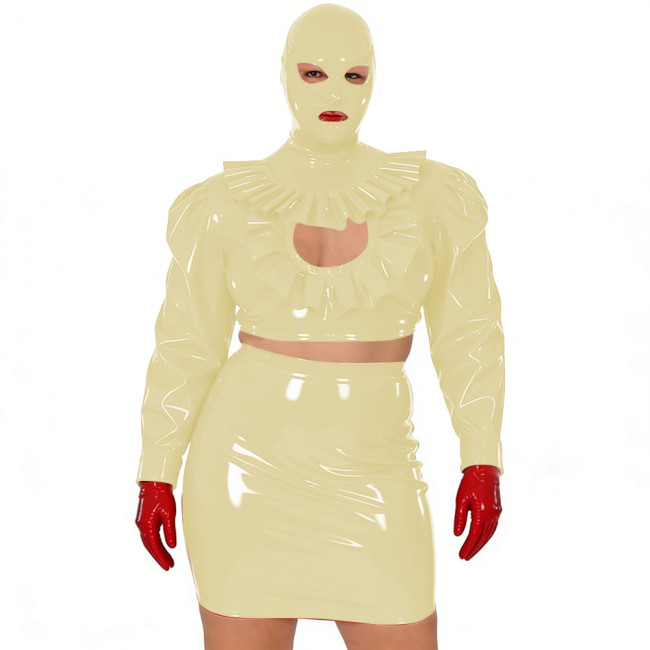 Wet Look Novelty Hollow Crop Top Bodycon Mini Skirt with Mask 3-Piece Set Sexy PVC Clubwear Halloween Party Cosplay Outfits 7XL