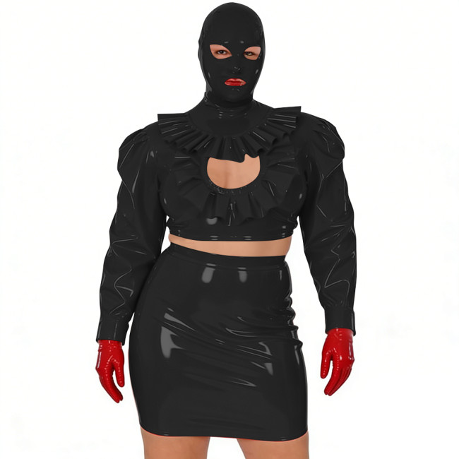 Wet Look Novelty Hollow Crop Top Bodycon Mini Skirt with Mask 3-Piece Set Sexy PVC Clubwear Halloween Party Cosplay Outfits 7XL