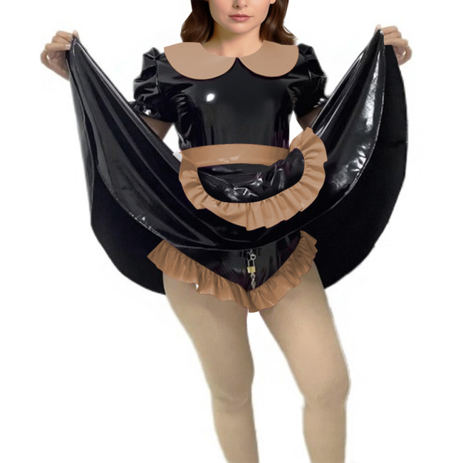 Shiny Vinyl PVC Dress Outfits Full Sleeves Stand Collar Crop Top with High Waist Bodycon Midi Skirt Club Bondage 2-Piece Set