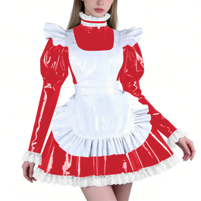 Sissy PVC Maid Lolita High Neck Mini Dress with Puff Sleeve Fetish Lockable Cosplay Pleated A-line Dress Party French Outfits