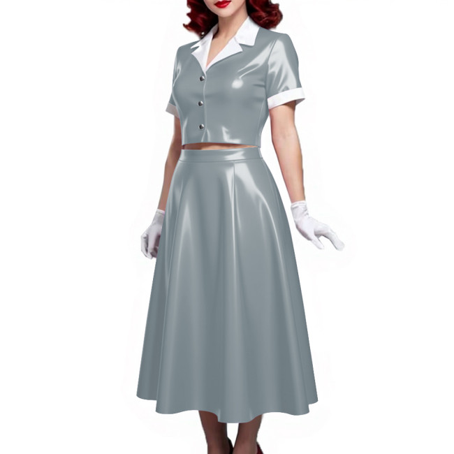 PVC Vinyl Leather Midi Dress Sets for Women 2 Piece Suit Wetlook Ladies Elegant Outfit Plus Size Button Top Pleated A-line Skirt