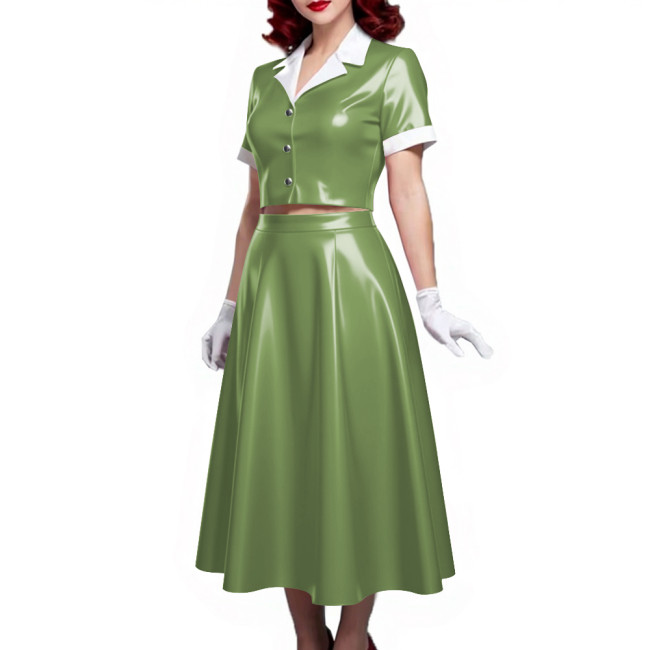 PVC Vinyl Leather Midi Dress Sets for Women 2 Piece Suit Wetlook Ladies Elegant Outfit Plus Size Button Top Pleated A-line Skirt